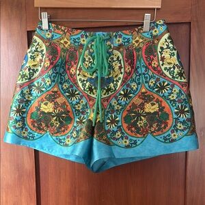 High-Waist Lace-Up Floral Print Shorts in Turquoise